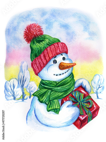 Snowman boy in a hat and a scarf with a gift on the background of a winter landscape, watercolor illustration for a poster, greeting card for the New Year, Christmas, Valentine's Day, etc.