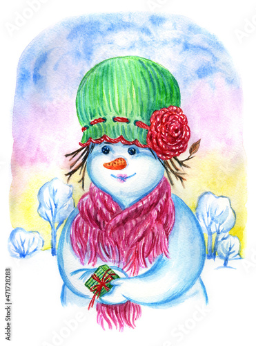 Snowman girl in a hat and a scarf with a gift on the background of a winter landscape, watercolor illustration for a poster, greeting card for the New Year, Christmas, Valentine's Day, etc.