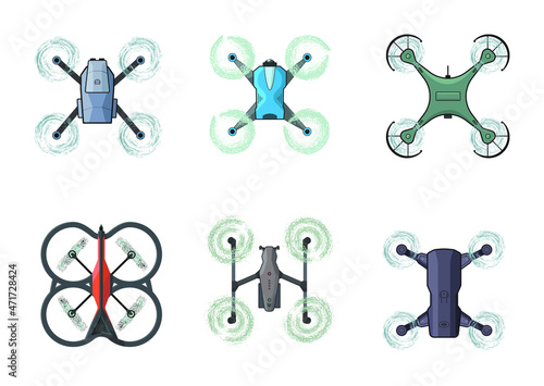 Vector illustration of six drones of different design. Top view.