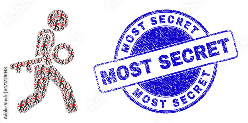 Vector key burglar icon collage is constructed with random self key burglar elements. Most Secret grunge blue round stamp. Recursion collage for key burglar icon.