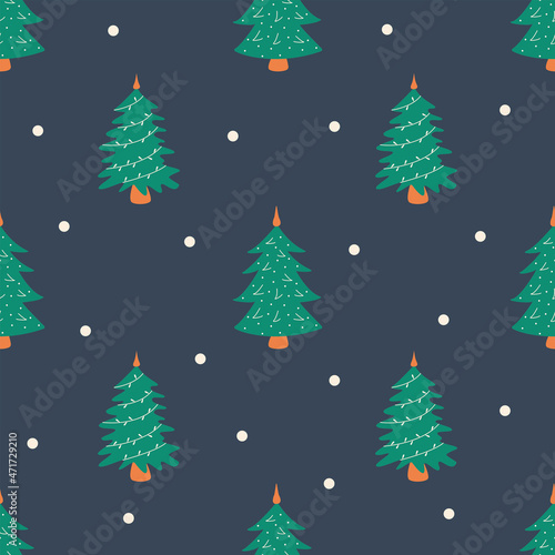 Seamless pattern Christmas tree with garland. Blue background. Snowing. Holiday print. Colorful hand drawn vector illustration. Merry Christmas and Happy New Year. Festive winter season. Wrapping