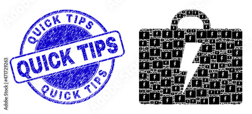Vector electric toolbox icon composition is constructed from scattered recursive electric toolbox pictograms. Quick Tips corroded blue round stamp seal. Recursive mosaic for electric toolbox icon.