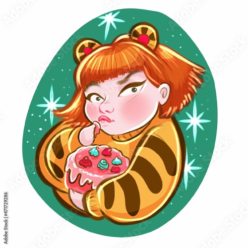 a girl in a tiger costume  can be used as a sticker  can be used as a sticker for social networks girl eats cake  