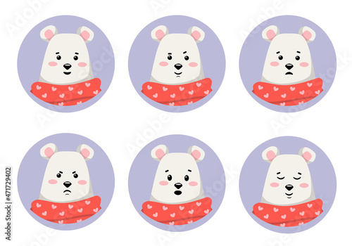 Set of christmas bear emotions in red hat and scarf