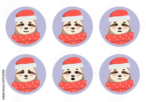 Set of christmas sloth emotions in red hat and scarf