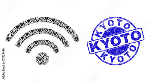 Vector Wi-Fi dot icon collage is composed with repeating recursive Wi-Fi dot items. Kyoto scratched blue round stamp seal. Fractal collage from Wi-Fi dot icon.