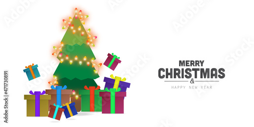 Christmas and New Year greetings with colorful lights around the background of the Christmas tree and gift box. Winter Holiday Banner Greeting Card