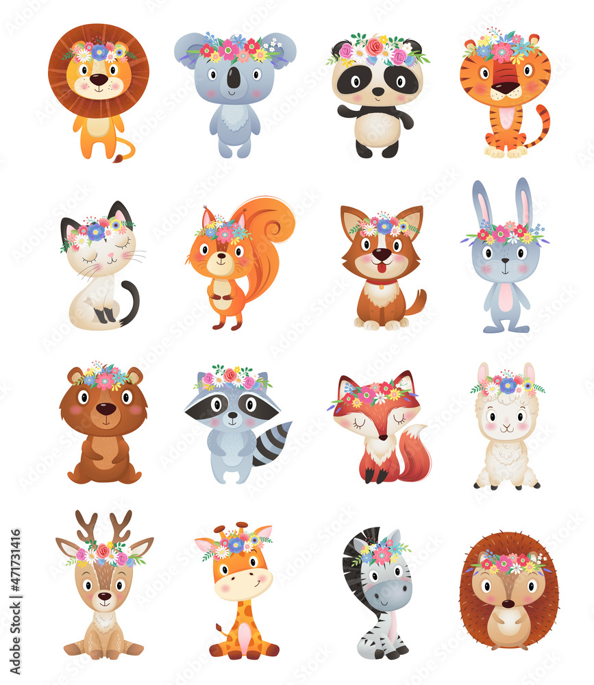 Obraz premium Cute summer and Spring animals collection , flower wreath on white Background
