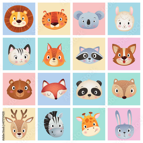 Cute animals head in a multicolored tiles collection