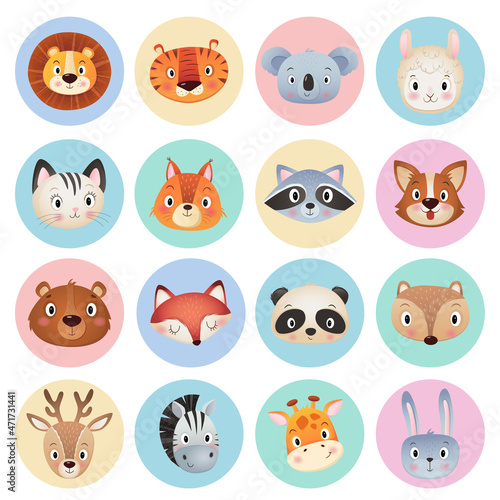 Cute animals head in a circle collection, on white Background