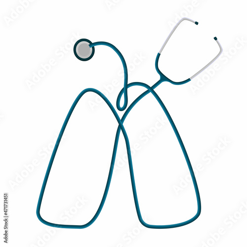 Vector abstract illustration with curved phonendoscope, stethoscope in form of lungs. Concept auscultation, pulmonology, wheezing in lungs, diagnostics, examination, phthisiology, patient examination.