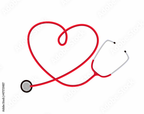 Vector abstract illustration with a phonendoscope, stethoscope, curved or folded in form of heart. Concept cardiology, functional diagnostics, cardiac arrhythmias, auscultation, patient examination.