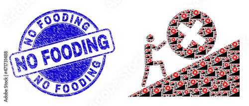 Vector man rolling rejection up icon composition is composed from scattered self man rolling rejection up icons. No Fooding textured blue round stamp.