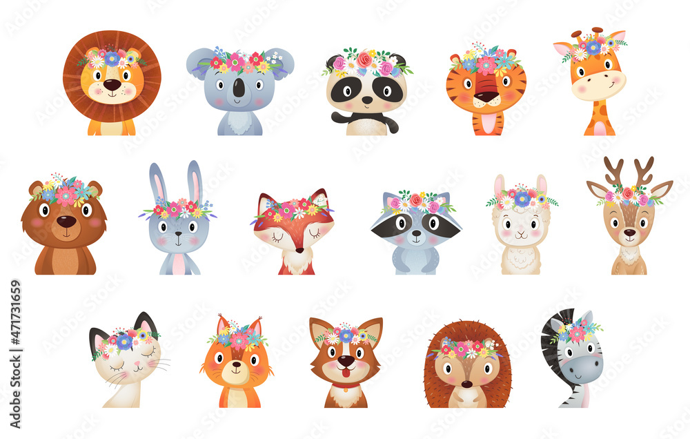 Fototapeta premium Cute summer and Spring animals head waist-high collection , flower wreath on white Background