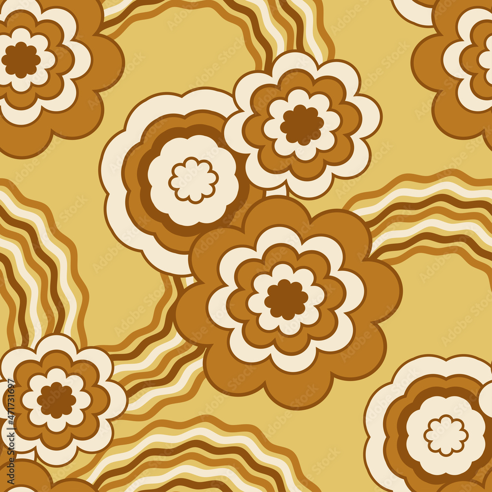 seamless pattern with bright flowers in the style of the 60s, vintage, brown and yellow colors