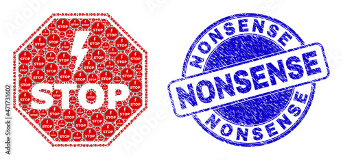 Vector electricity stop octagon icon collage is organized from scattered recursive electricity stop octagon icons. Nonsense corroded blue round stamp.