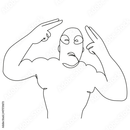 A sporty guy with big muscles shows his fingers a gesture of two pistols. A man in a balaclava at a protest drawn with a single continuous line. Vector stock illustration of criminal, vandal, proteste