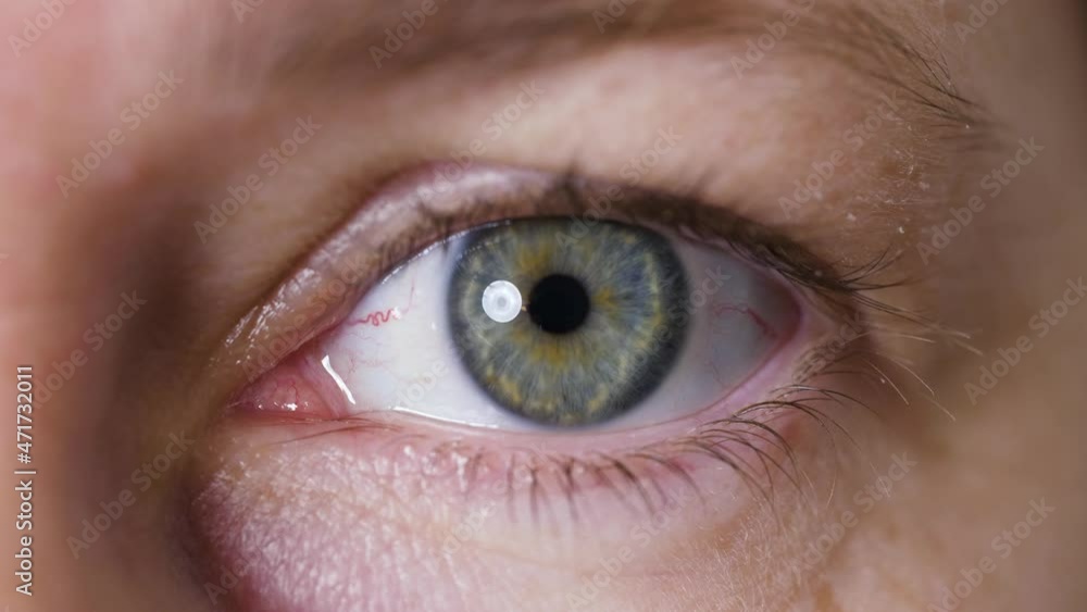 Bright blue eye of middle aged Millennial woman with beautiful iris opening. Attractive mature female face with natural makeup and wrinkles looking at camera. Macro extreme close up, 4K. Bright blue eye of middle aged Millennial woman with beautiful iris opening. Attractive mature female face with natural makeup and wrinkles looking at camera. Macro extreme close up, 4K.