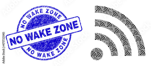 Vector radio internet icon mosaic is constructed with scattered recursive radio internet elements. No Wake Zone corroded blue round seal print. Fractal mosaic from radio internet icon.