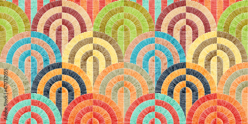 Seamless embroidered pattern. Wavy bohemian print. Patchwork ornament. Vector illustration.