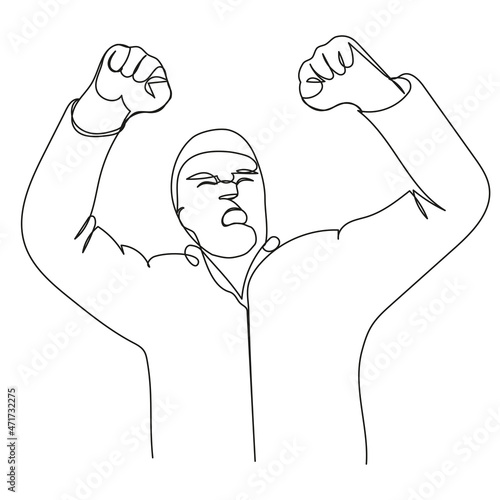 Indignant guy with raised fists up in a continuous line on white isolate. Vector illustration of street protest movements. A disgruntled man yelling angrily.
