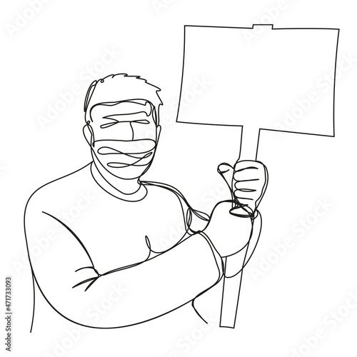 Masked protester with a banner drawing in continuous line on a white back. An outraged person fighting for his rights and freedoms. Peaceful rally with banner. Stock vector illustration with activist.