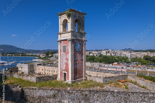 Historic Clock Tower in Old Fortress in Corfu, principal city of Corfu Island, Greece