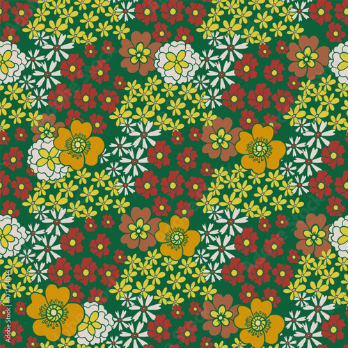 seamless pattern with bright flowers in the style of the 70s, vintage