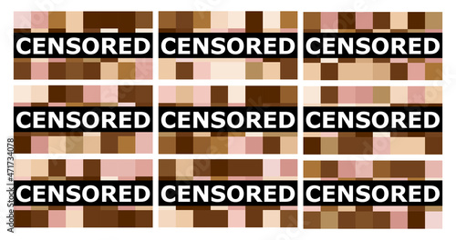 A set of colored squares of flesh color with the inscription CENSORED. Vector graphics to hide inappropriate content and internet nudity.
