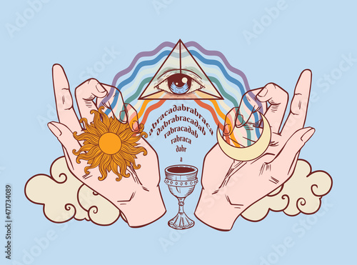 magic witch craft symbols: moon, sun, prism, rainbow, spell, cup