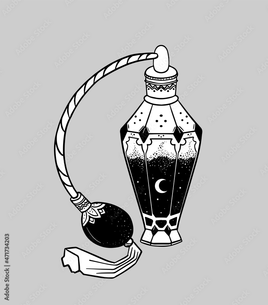 retro perfume bottle with hand pump spray, moon and stars, magic vector illustration retro perfume bottle with hand pump spray, moon and stars, magic vector illustration