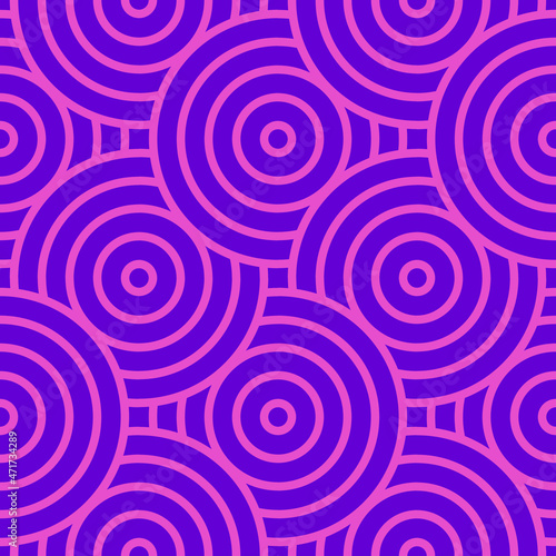 Geometric circles with a contour. Seamless pattern in purple and pink for trendy fabrics, decorative pillows, wrapping paper. Vector.