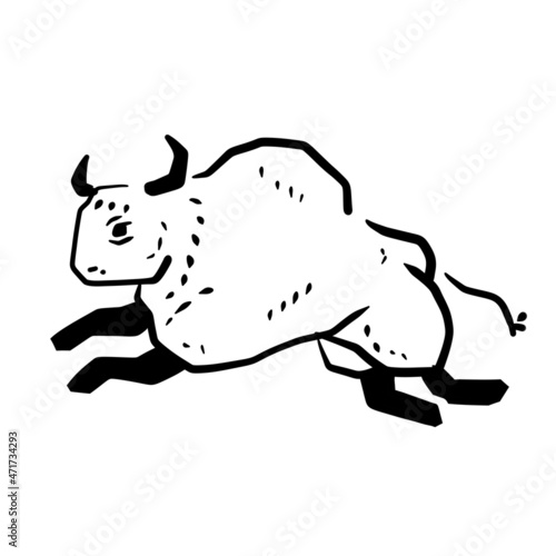 Rock art. Drawing of a bull or ox. Primitive tribal cartoon. Running animal