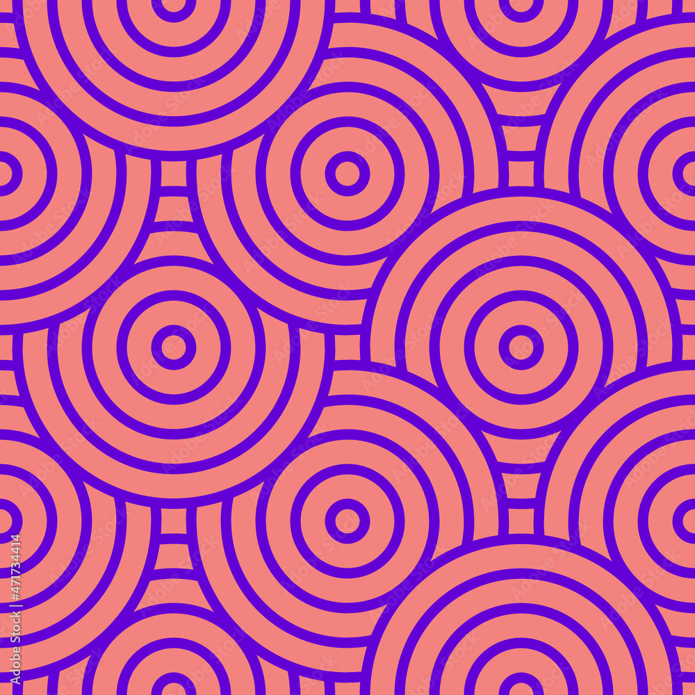 Geometric circles with a contour. Seamless pattern in purple and pink for trendy fabrics, decorative pillows, wrapping paper. Vector. Geometric circles with a contour. Seamless pattern in purple and pink for trendy fabrics, decorative pillows, wrapping paper. Vector.