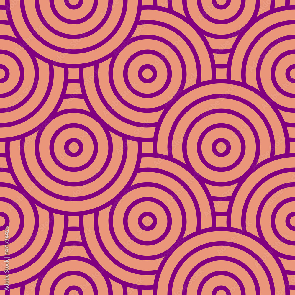 Geometric circles with a contour. Seamless pattern in purple and pink for trendy fabrics, decorative pillows, wrapping paper. 