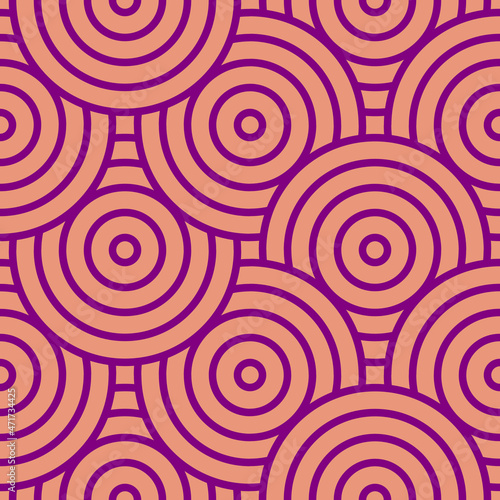 Geometric circles with a contour. Seamless pattern in purple and pink for trendy fabrics, decorative pillows, wrapping paper. 