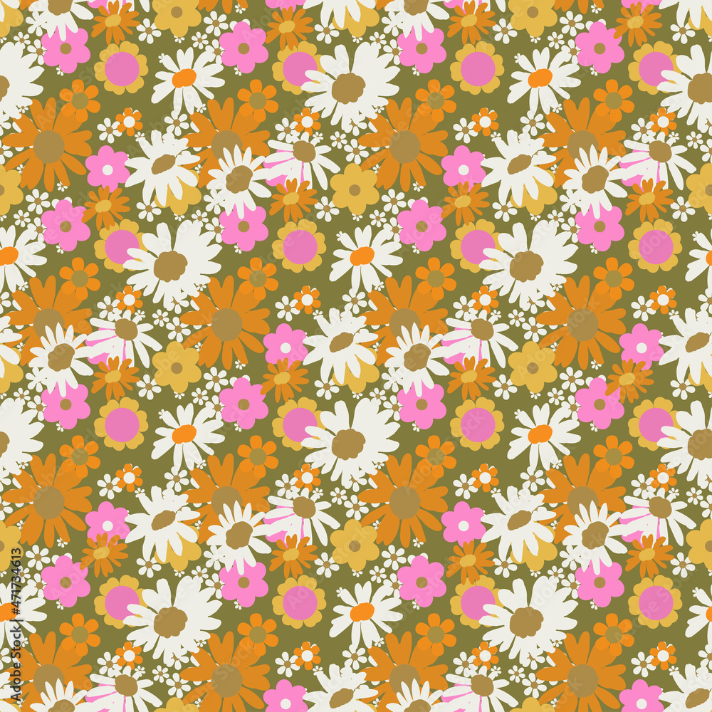 seamless pattern with bright flowers in the style of the 70s, retro style