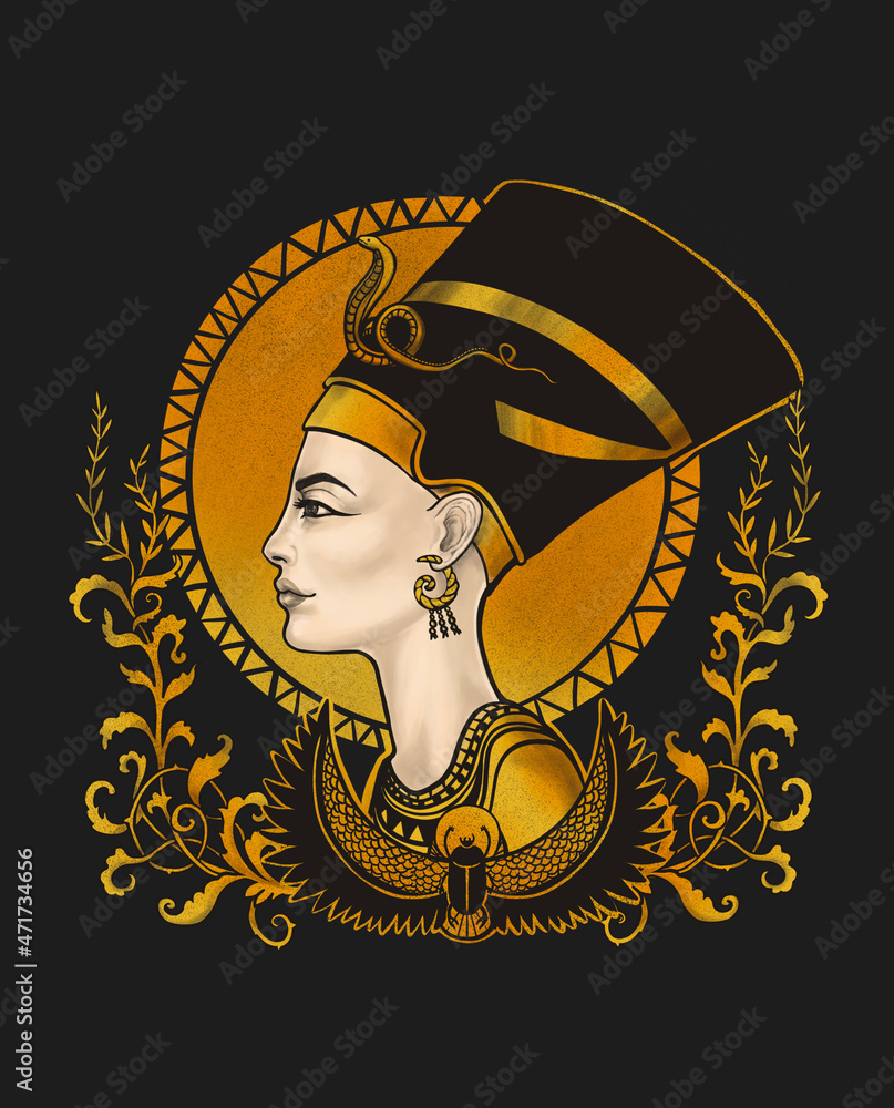 portrait of Nefertiti in profile with gold frame, hand drawn ...