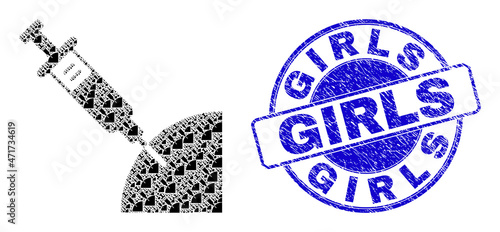 Vector inoculation icon collage is organized of repeating self inoculation items. Girls rubber blue round stamp seal. Fractal composition from inoculation icon.