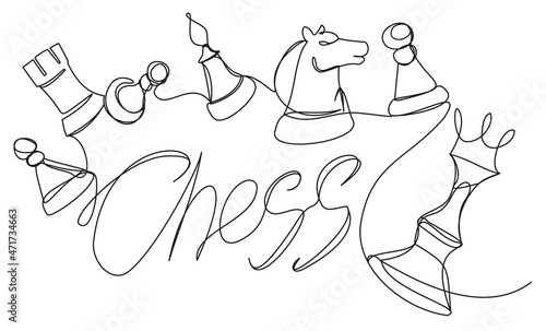 Chess hovering in the air one line on a white background. A set of playing pieces: pawns, round, officer, knight, king. Vector illustration of a game of the party for online classes, banners, sections