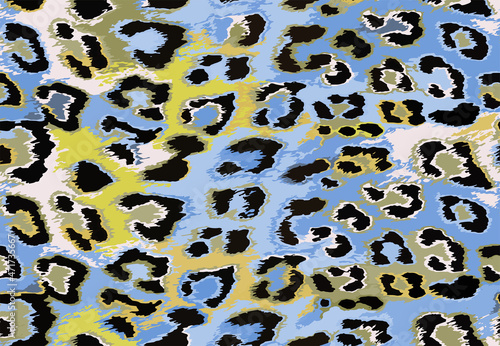 Full seamless leopard cheetah animal skin pattern. Ornamental Yellow Blue Design for women textile fabric printing. Suitable for trendy fashion use.