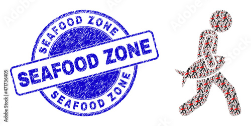 Vector fish robber icon mosaic is made from randomized recursive fish robber parts. Seafood Zone dirty blue round stamp seal. Recursive combination from fish robber icon.