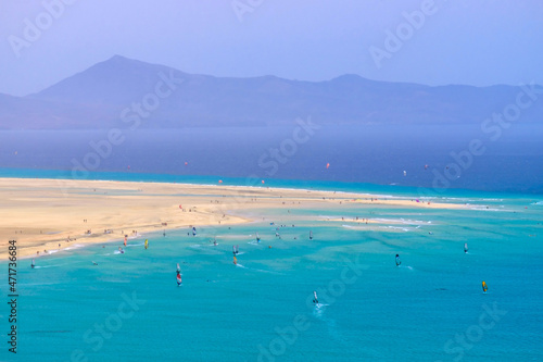 Aerial view of Sotavento beach with sailboats during the World Championship on the Canary Island of Fuerteventura.