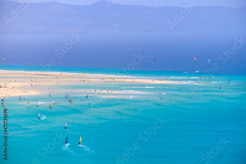 Aerial view of Sotavento beach with sailboats during the World Championship on the Canary Island of Fuerteventura.