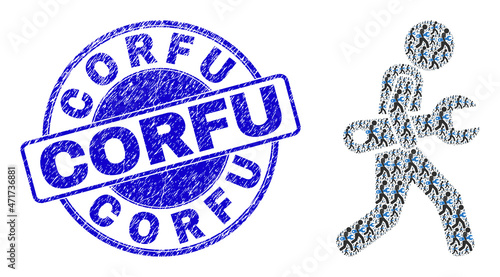 Vector spanner courier icon collage is organized from repeating self spanner courier icons. Corfu scratched blue round watermark. Recursive collage from spanner courier icon.