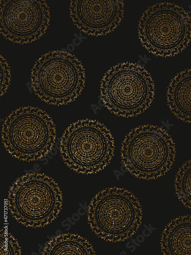 golden mandala on a black background, shiny patterns on a dark background, glitter, golden sequin ornament on a black background, shining sequins