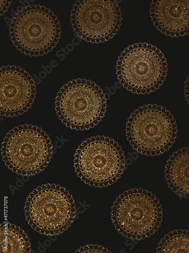 golden mandala on a black background, shiny patterns on a dark background, glitter, golden sequin ornament on a black background, shining sequins