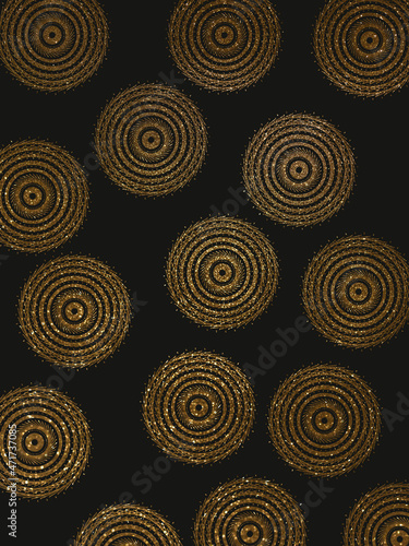 golden mandala on a black background, shiny patterns on a dark background, glitter, golden sequin ornament on a black background, shining sequins
