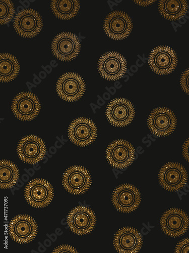 golden mandala on a black background, shiny patterns on a dark background, glitter, golden sequin ornament on a black background, shining sequins