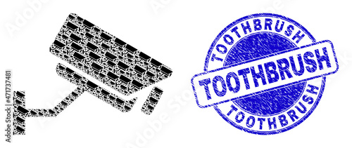 Vector CCTV camera icon collage is done with repeating recursive CCTV camera pictograms. Toothbrush dirty blue round stamp. Recursion collage of CCTV camera icon.